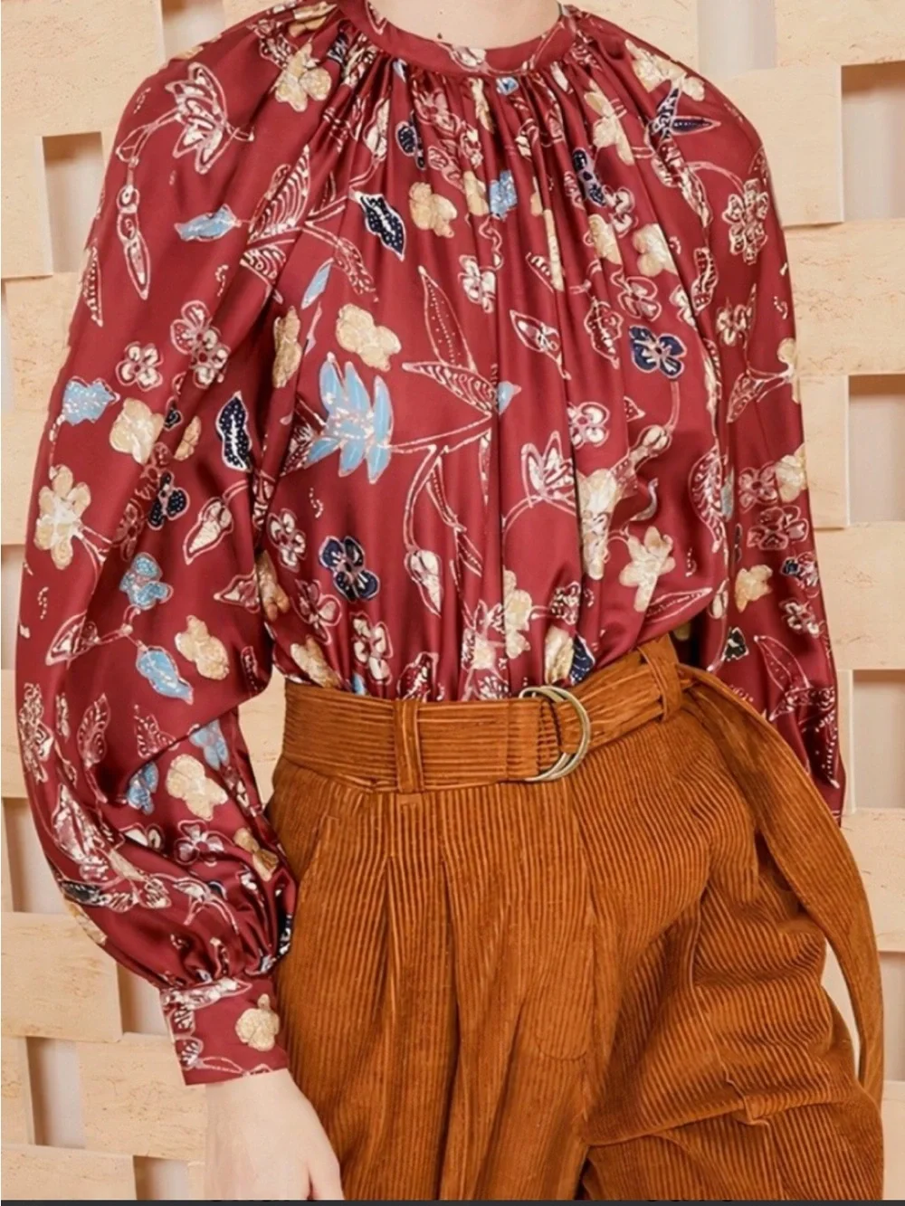Ulla Johnson Marisol Burgundy Floral Silk Gathered-Neck Blouse